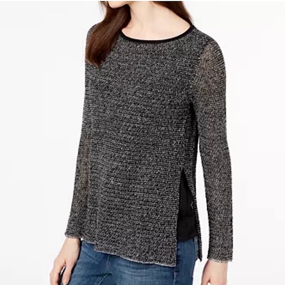 Eileen Fisher Organic Linen Cotton Grain Rolled Bateau Neck Layered Sweater M